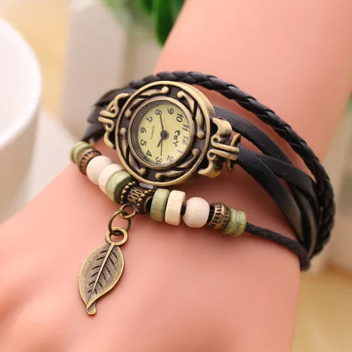 New Vintage Quartz watch Watchs Women Wrap Tree leaf Pendant Synthetic Leather Bracelet Wrist Watch