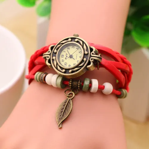 New Vintage Quartz watch Watchs Women Wrap Tree leaf Pendant Synthetic Leather Bracelet Wrist Watch