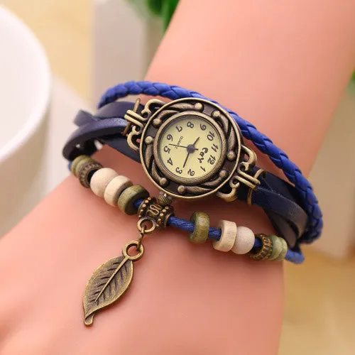 New Vintage Quartz watch Watchs Women Wrap Tree leaf Pendant Synthetic Leather Bracelet Wrist Watch