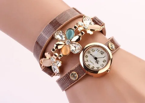 New Women PU Leather Strap Watches Flower Bracelet Women Dress Watch Wristwatches Top Brand Opal Girl's Gift Fashion
