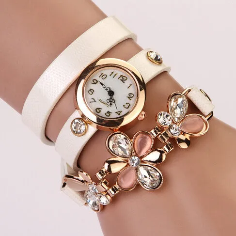 New Women PU Leather Strap Watches Flower Bracelet Women Dress Watch Wristwatches Top Brand Opal Girl's Gift Fashion