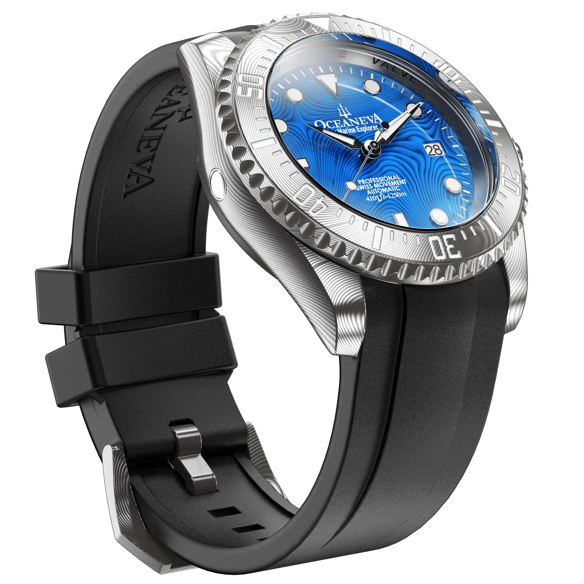 Oceaneva Mens Deep Marine Explorer II Blue Damascus Steel Dial Watch Rubber