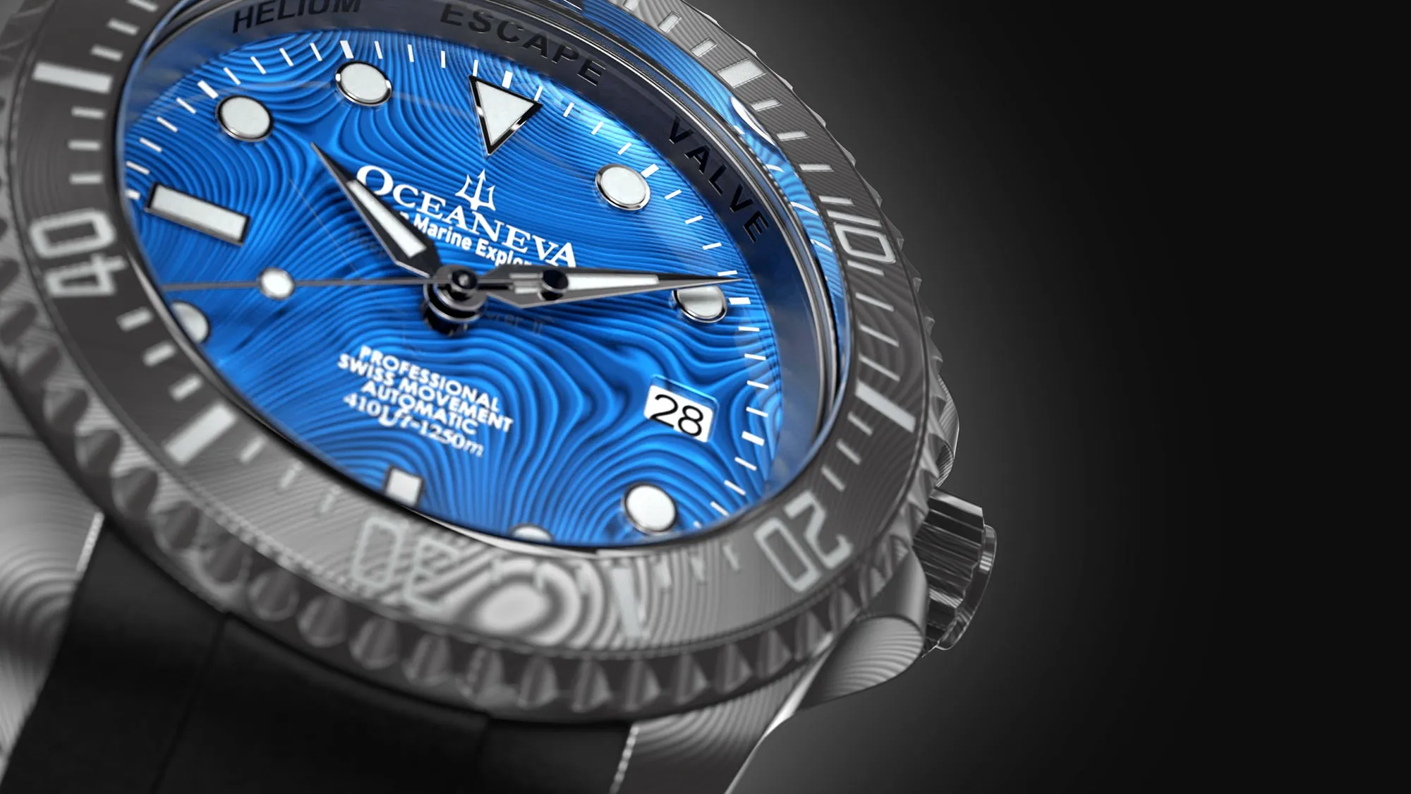 Oceaneva Mens Deep Marine Explorer II Blue Damascus Steel Dial Watch Rubber