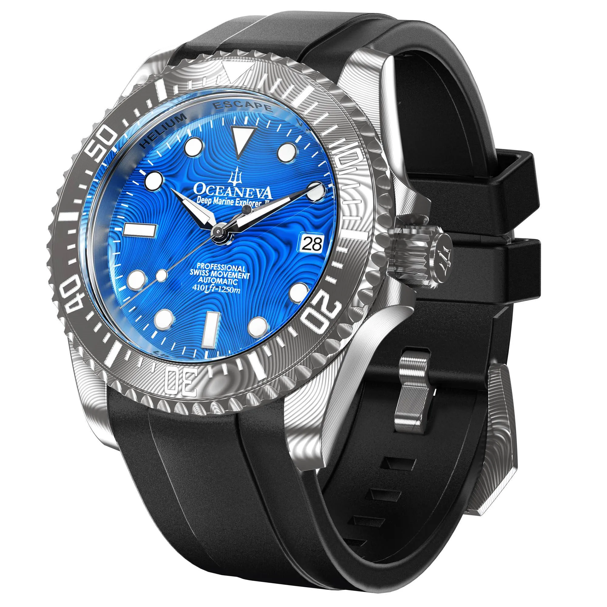 Oceaneva Mens Deep Marine Explorer II Blue Damascus Steel Dial Watch Rubber