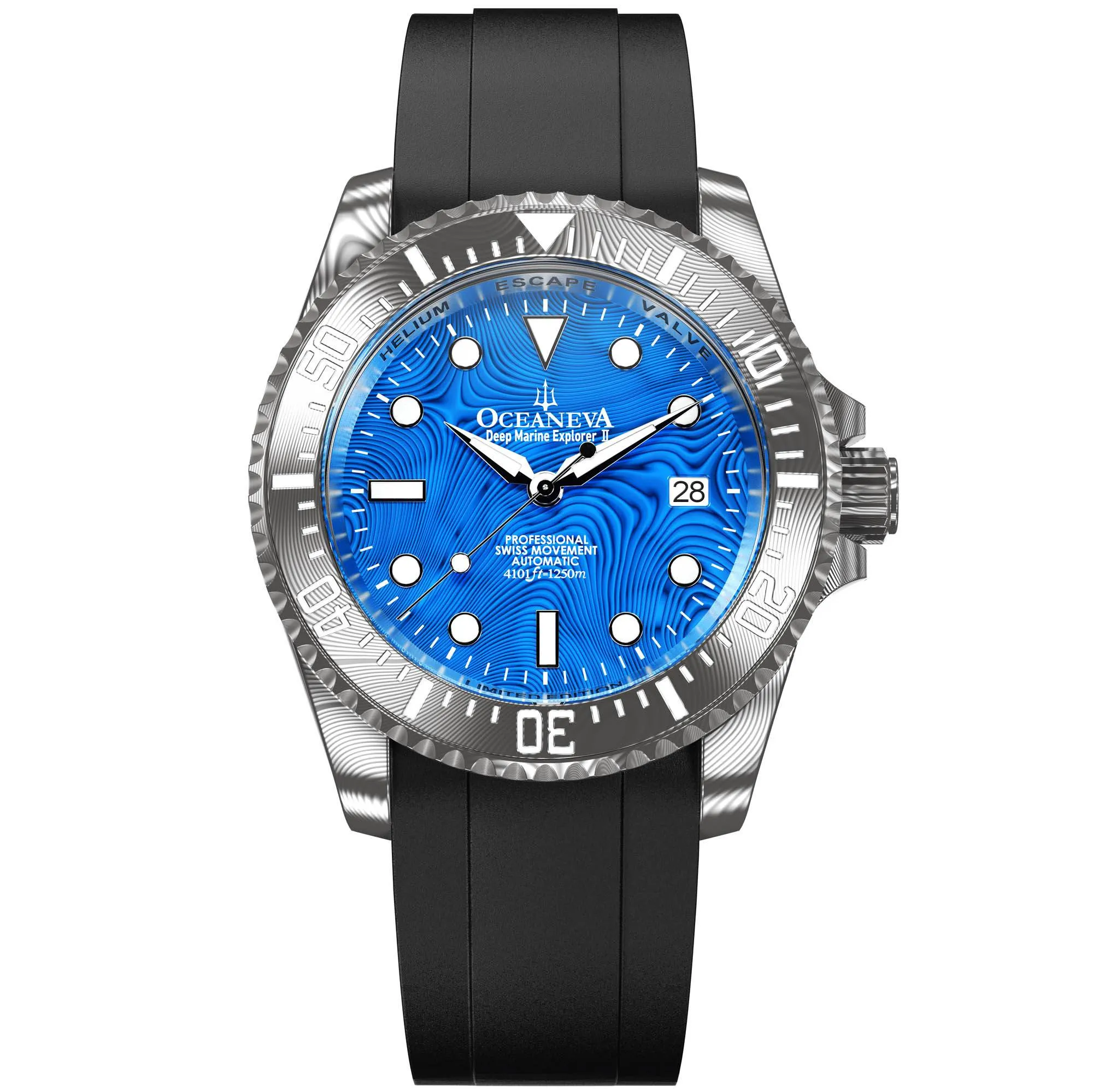 Oceaneva Mens Deep Marine Explorer II Blue Damascus Steel Dial Watch Rubber