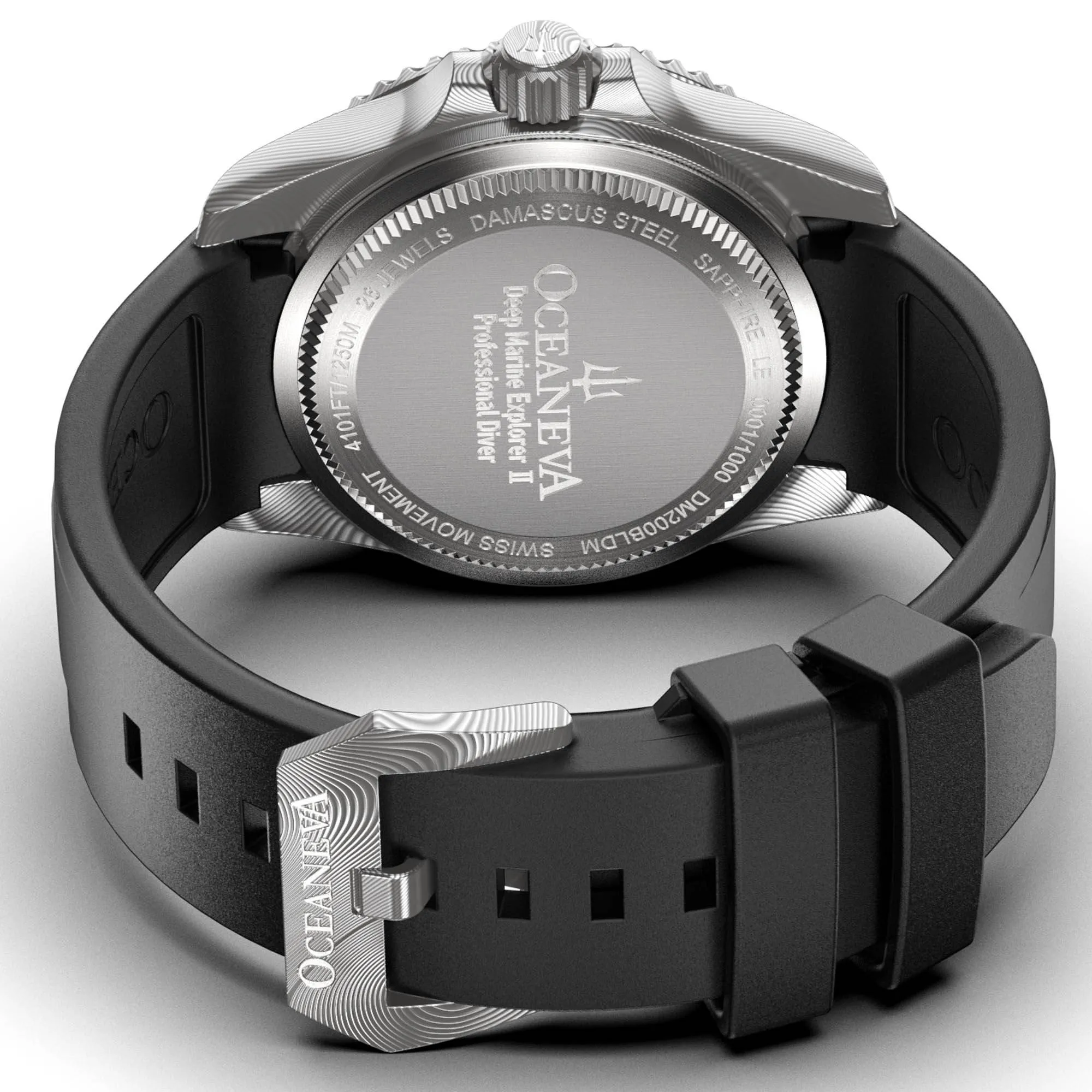 Oceaneva Mens Deep Marine Explorer II Blue Damascus Steel Dial Watch Rubber