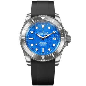 Oceaneva Mens Deep Marine Explorer II Blue Damascus Steel Dial Watch Rubber