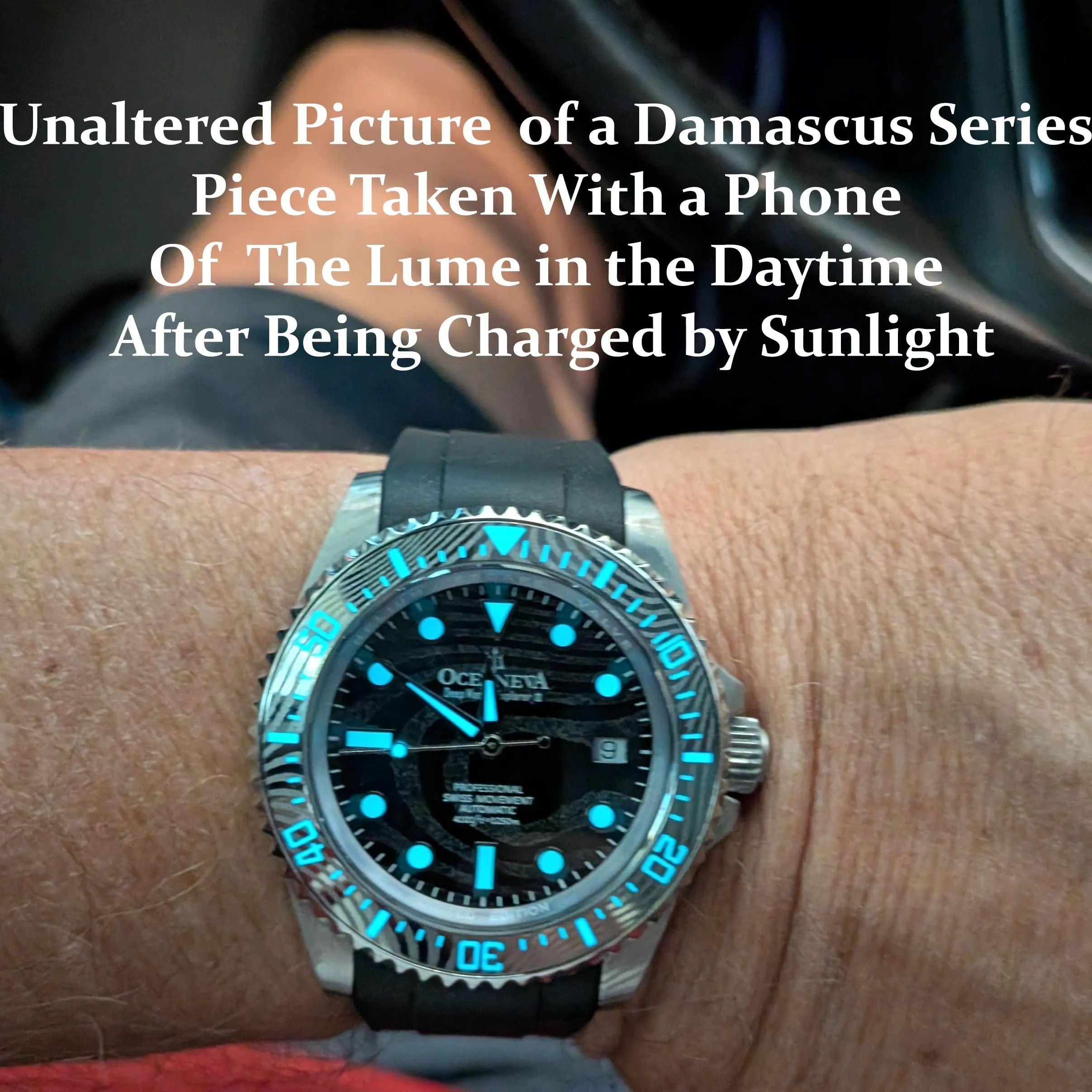 Oceaneva Mens Deep Marine Explorer II Blue Damascus Steel Dial Watch Rubber