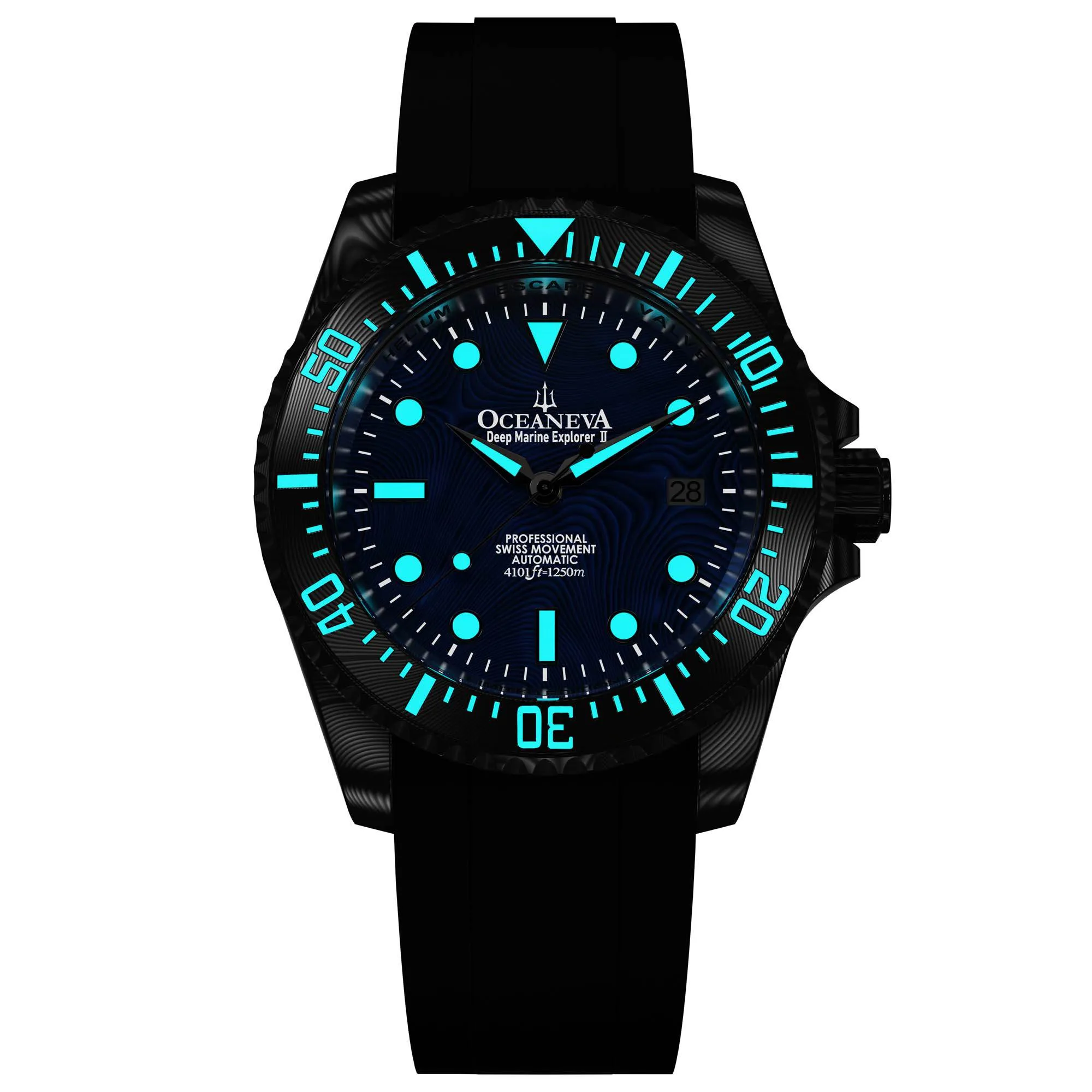 Oceaneva Mens Deep Marine Explorer II Blue Damascus Steel Dial Watch Rubber