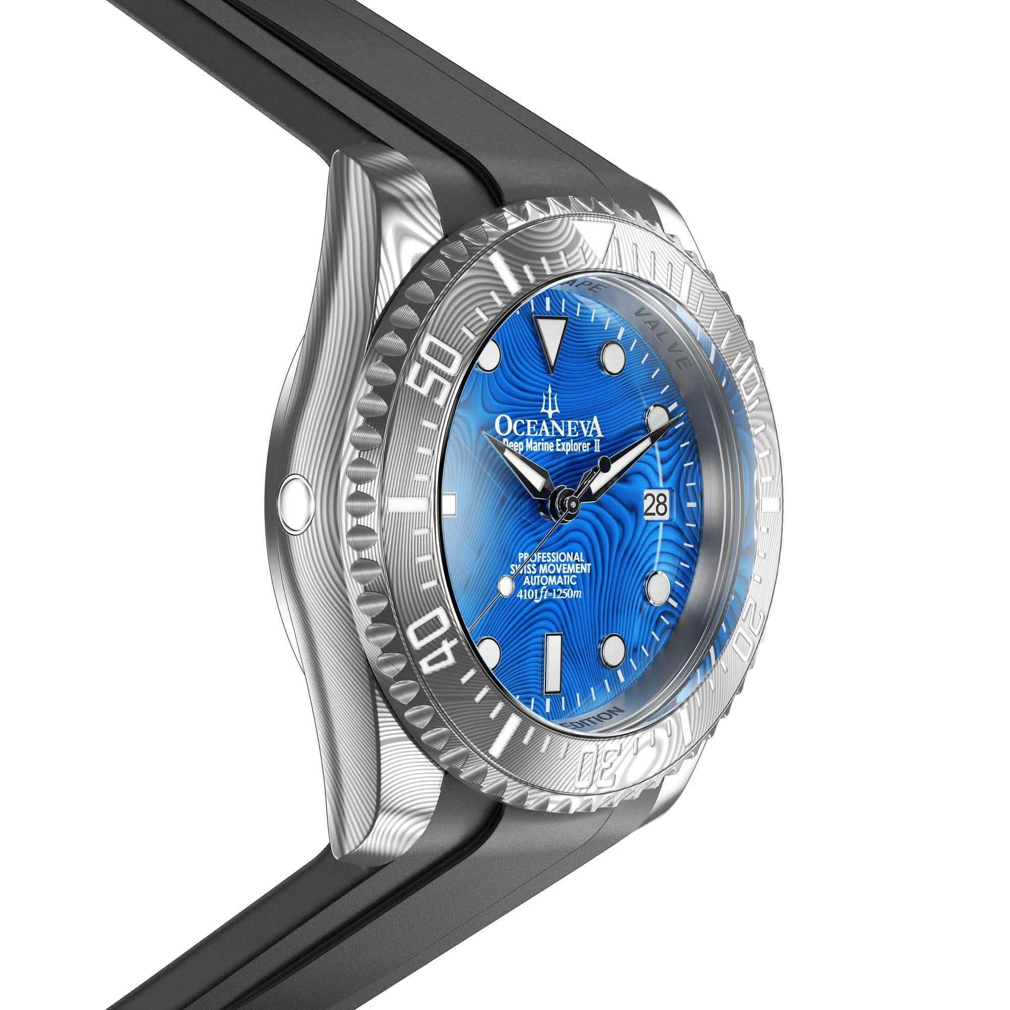 Oceaneva Mens Deep Marine Explorer II Blue Damascus Steel Dial Watch Rubber