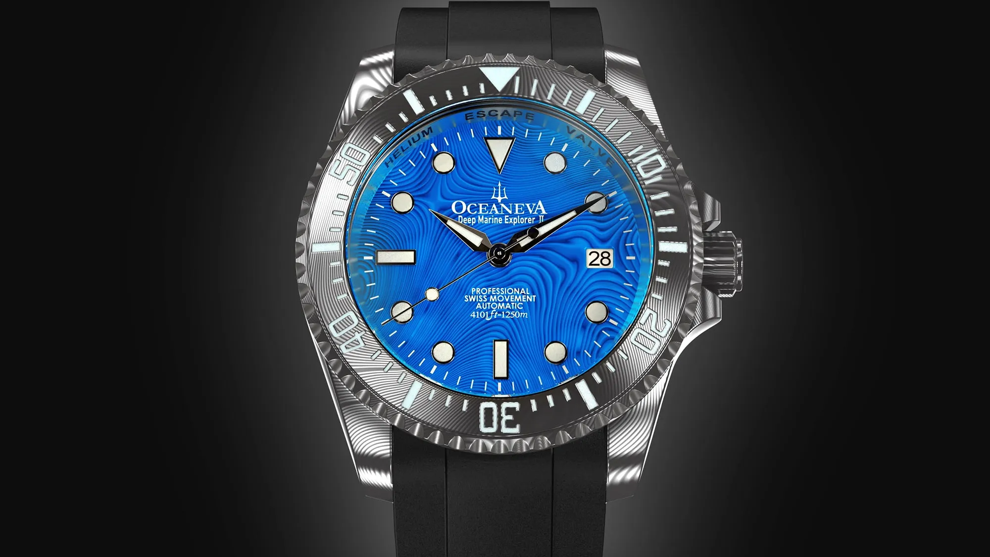 Oceaneva Mens Deep Marine Explorer II Blue Damascus Steel Dial Watch Rubber