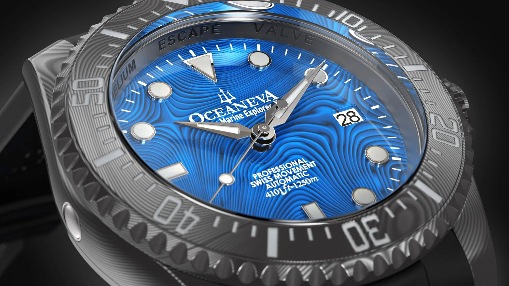 Oceaneva Mens Deep Marine Explorer II Blue Damascus Steel Dial Watch Rubber