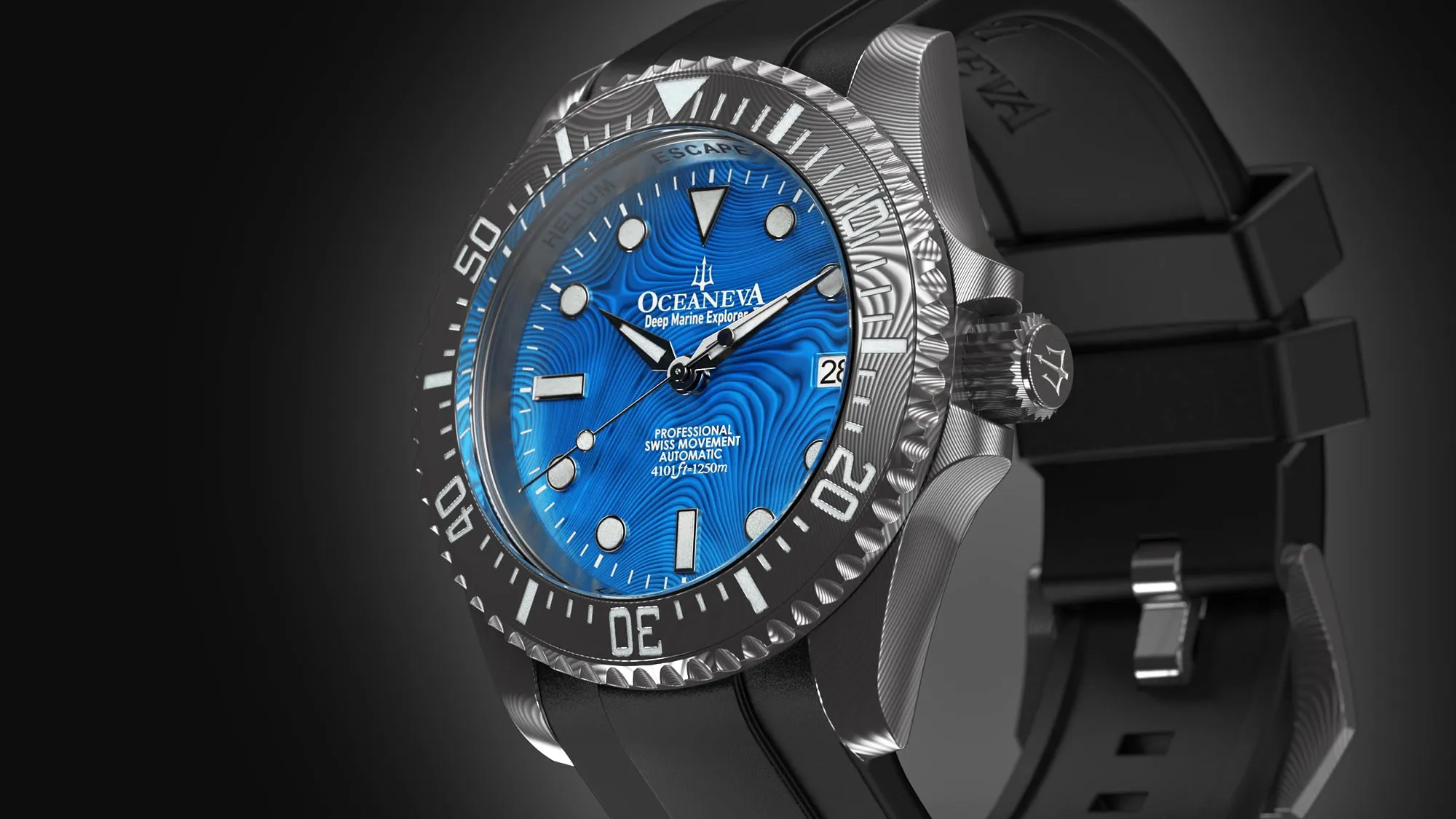Oceaneva Mens Deep Marine Explorer II Blue Damascus Steel Dial Watch Rubber