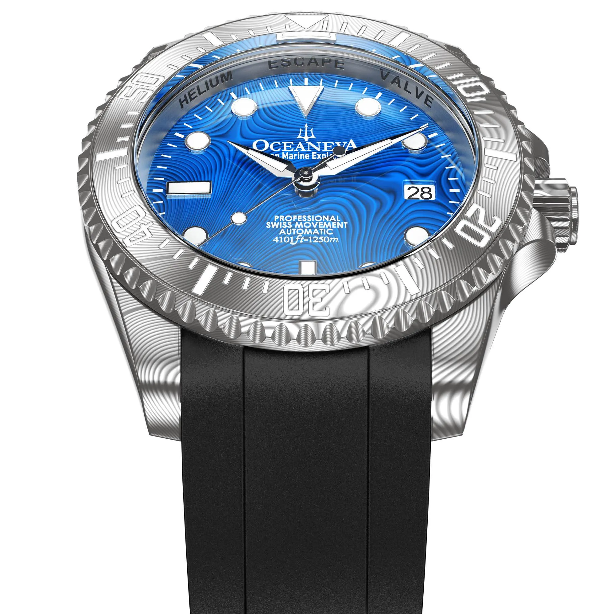 Oceaneva Mens Deep Marine Explorer II Blue Damascus Steel Dial Watch Rubber