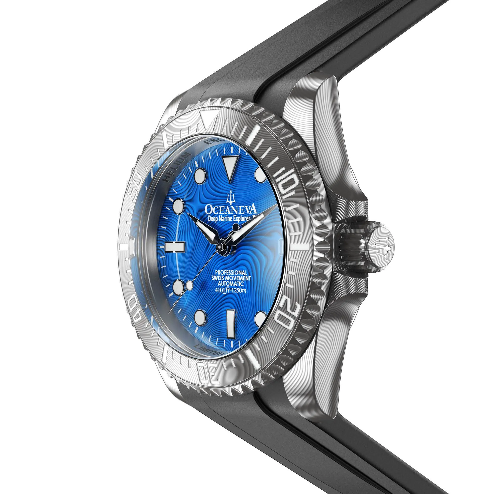 Oceaneva Mens Deep Marine Explorer II Blue Damascus Steel Dial Watch Rubber