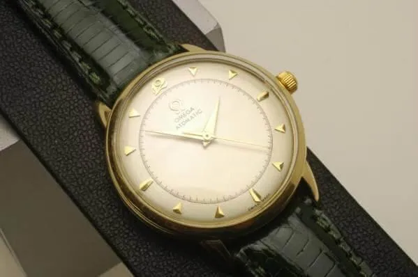 Omega Wristwatch Bumper Auto Movement 14k Gold Case 1950s