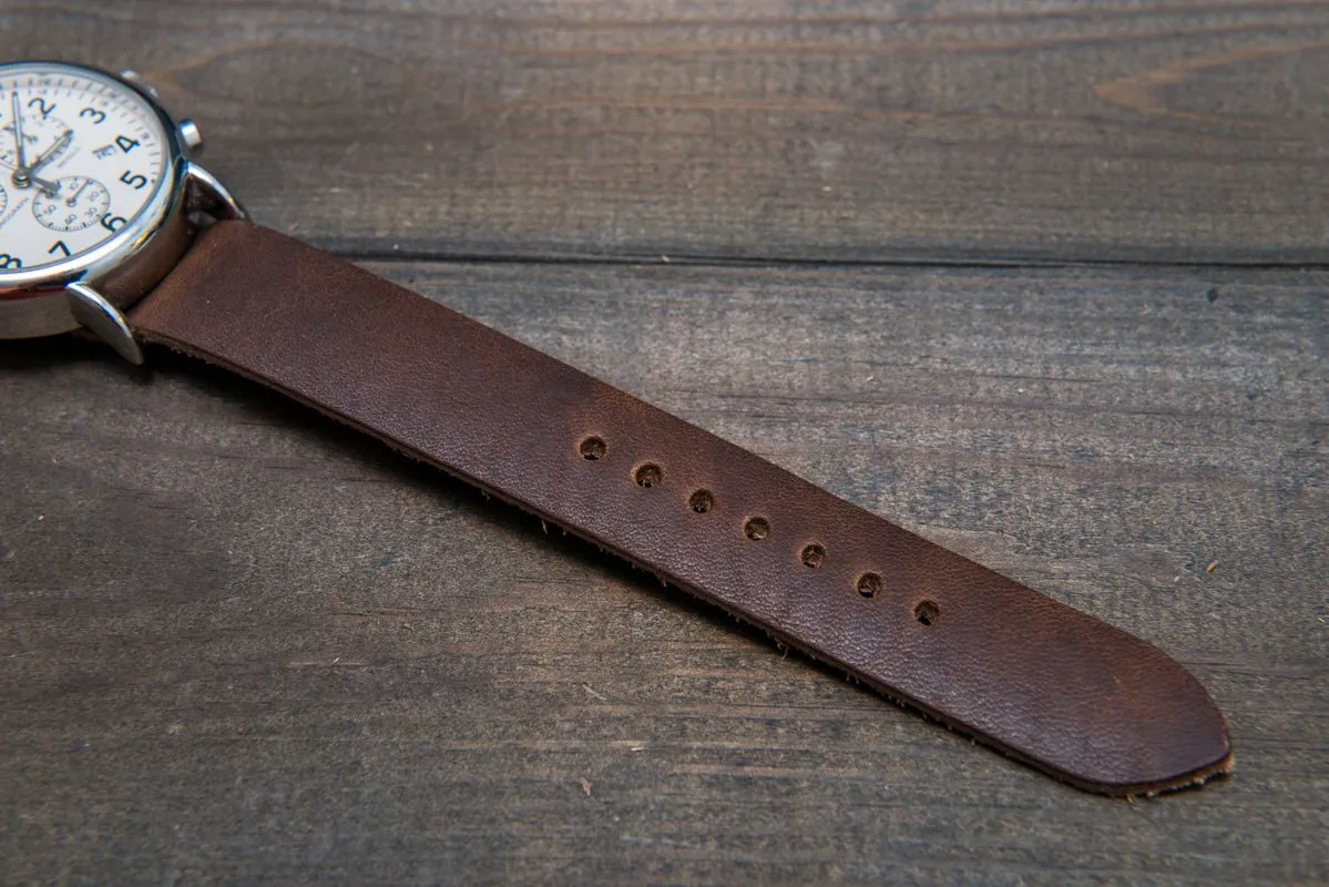 One-piece military watch band, Horween Derby Nut Brown leather watch strap
