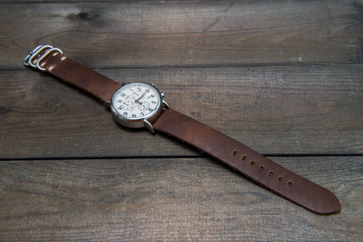 One-piece military watch band, Horween Derby Nut Brown leather watch strap