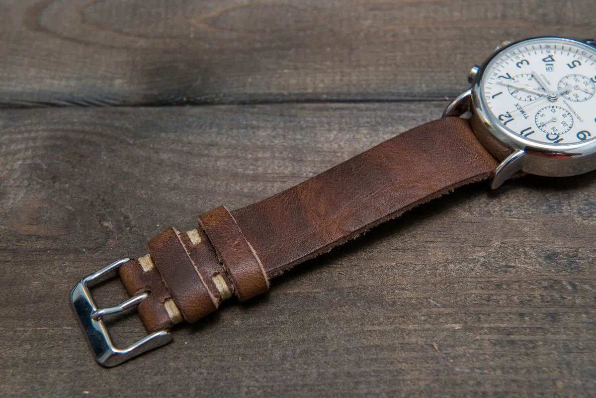 One-piece military watch band, Horween Derby Nut Brown leather watch strap