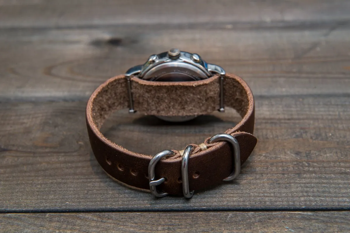 One-piece military watch band, Horween Derby Nut Brown leather watch strap