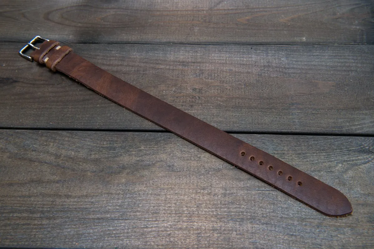 One-piece military watch band, Horween Derby Nut Brown leather watch strap