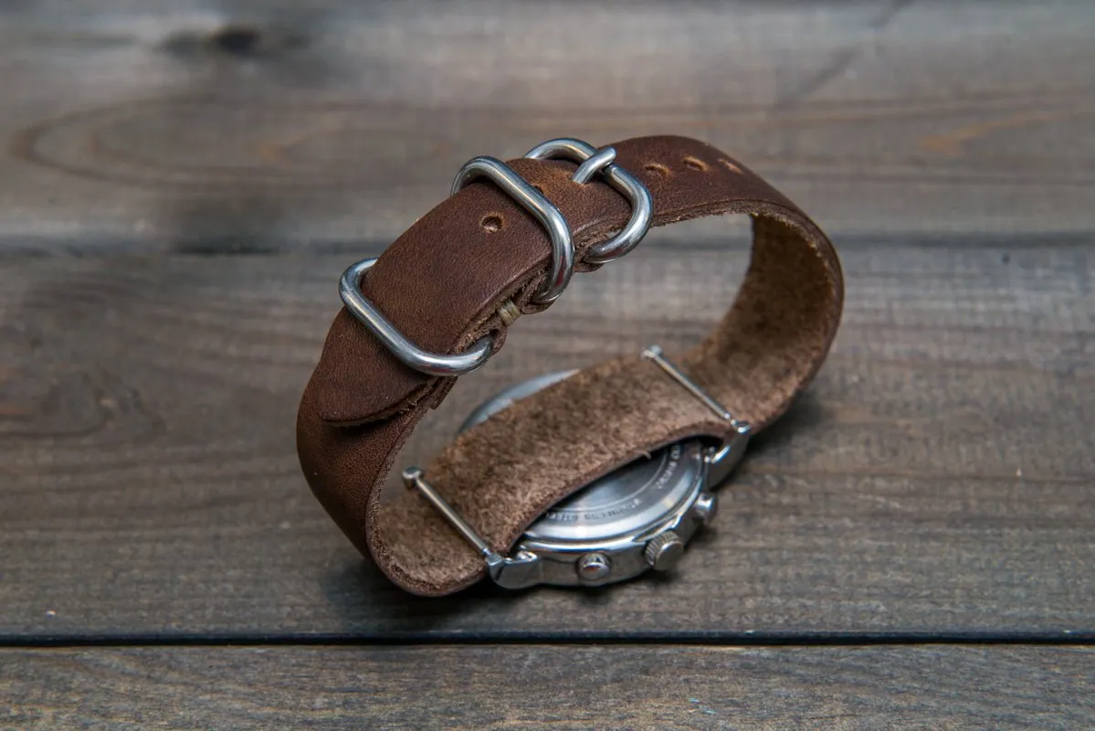 One-piece military watch band, Horween Derby Nut Brown leather watch strap