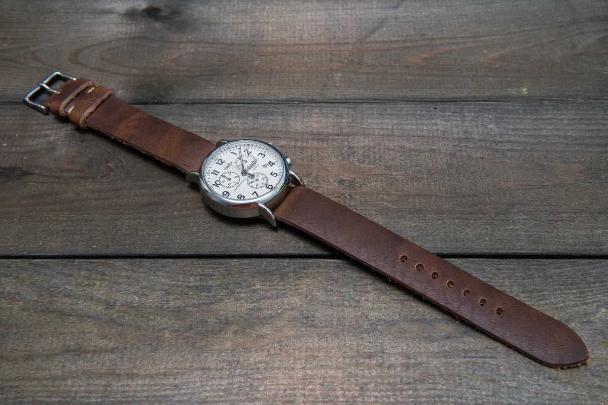 One-piece military watch band, Horween Derby Nut Brown leather watch strap