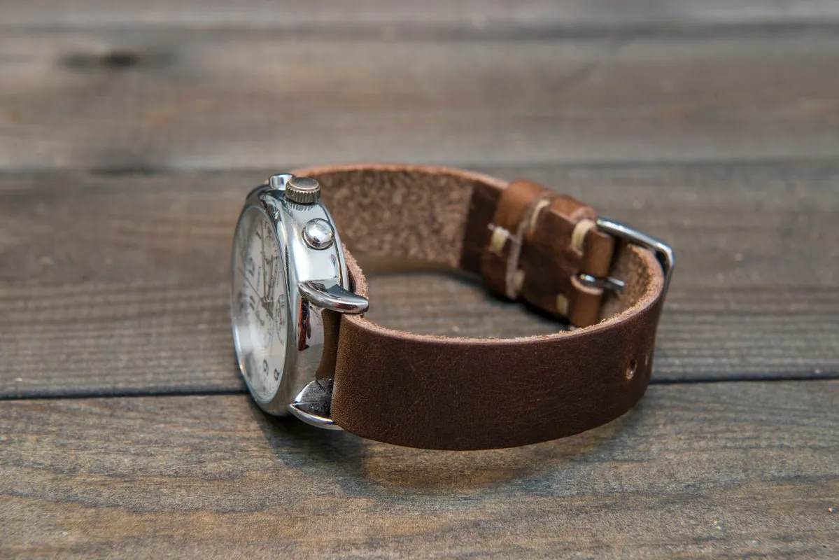 One-piece military watch band, Horween Derby Nut Brown leather watch strap
