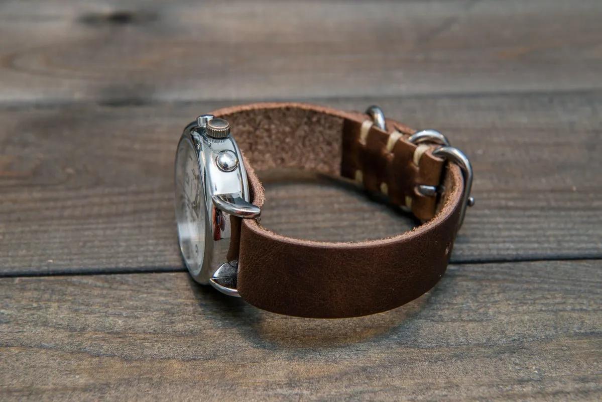 One-piece military watch band, Horween Derby Nut Brown leather watch strap
