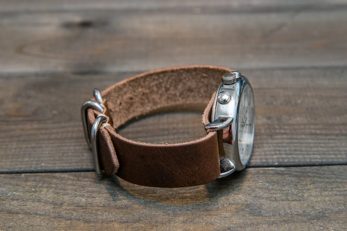 One-piece military watch band, Horween Derby Nut Brown leather watch strap