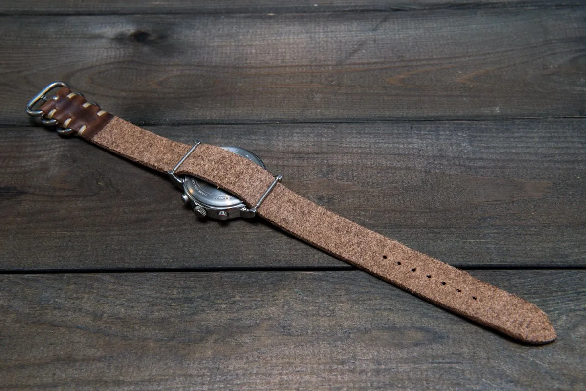 One-piece military watch band, Horween Derby Nut Brown leather watch strap
