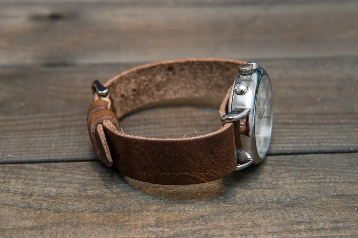 One-piece military watch band, Horween Derby Nut Brown leather watch strap