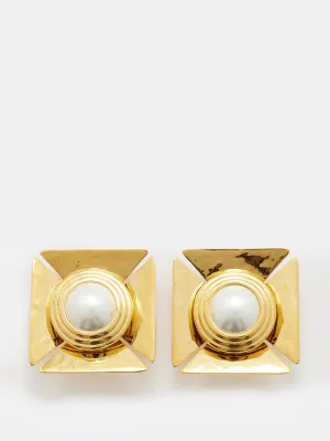 Pearly square gold-tone clip earrings