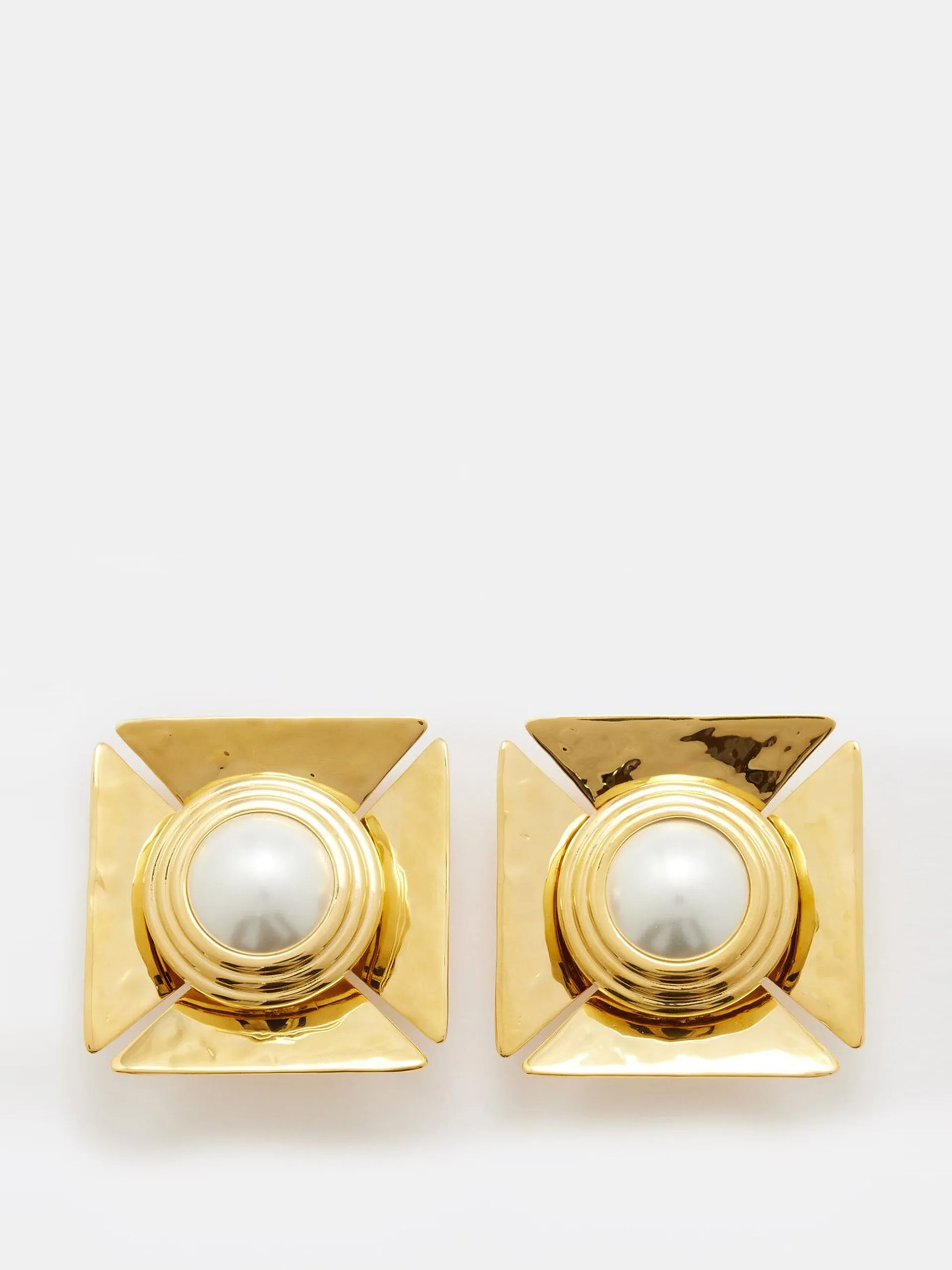 Pearly square gold-tone clip earrings