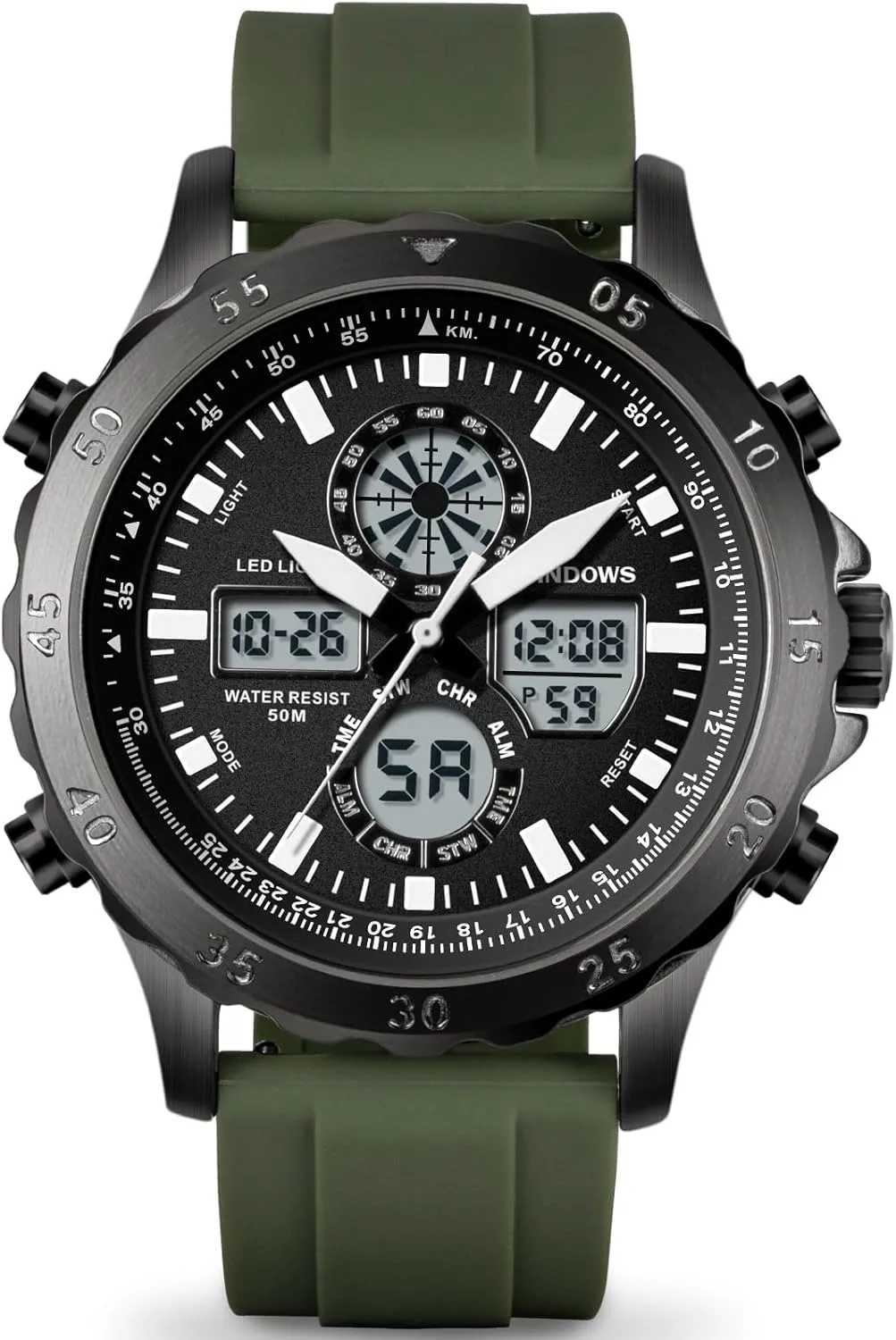 PINDOWS Watch for Men, Waterproof Big Dial Analog Digital Sport Multifunction LED Backlight Fashion Wristwatches, Alarm Stopwatch Calendar