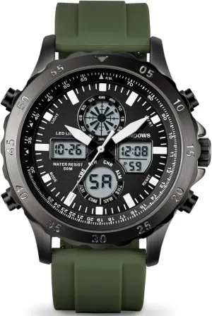 PINDOWS Watch for Men, Waterproof Big Dial Analog Digital Sport Multifunction LED Backlight Fashion Wristwatches, Alarm Stopwatch Calendar