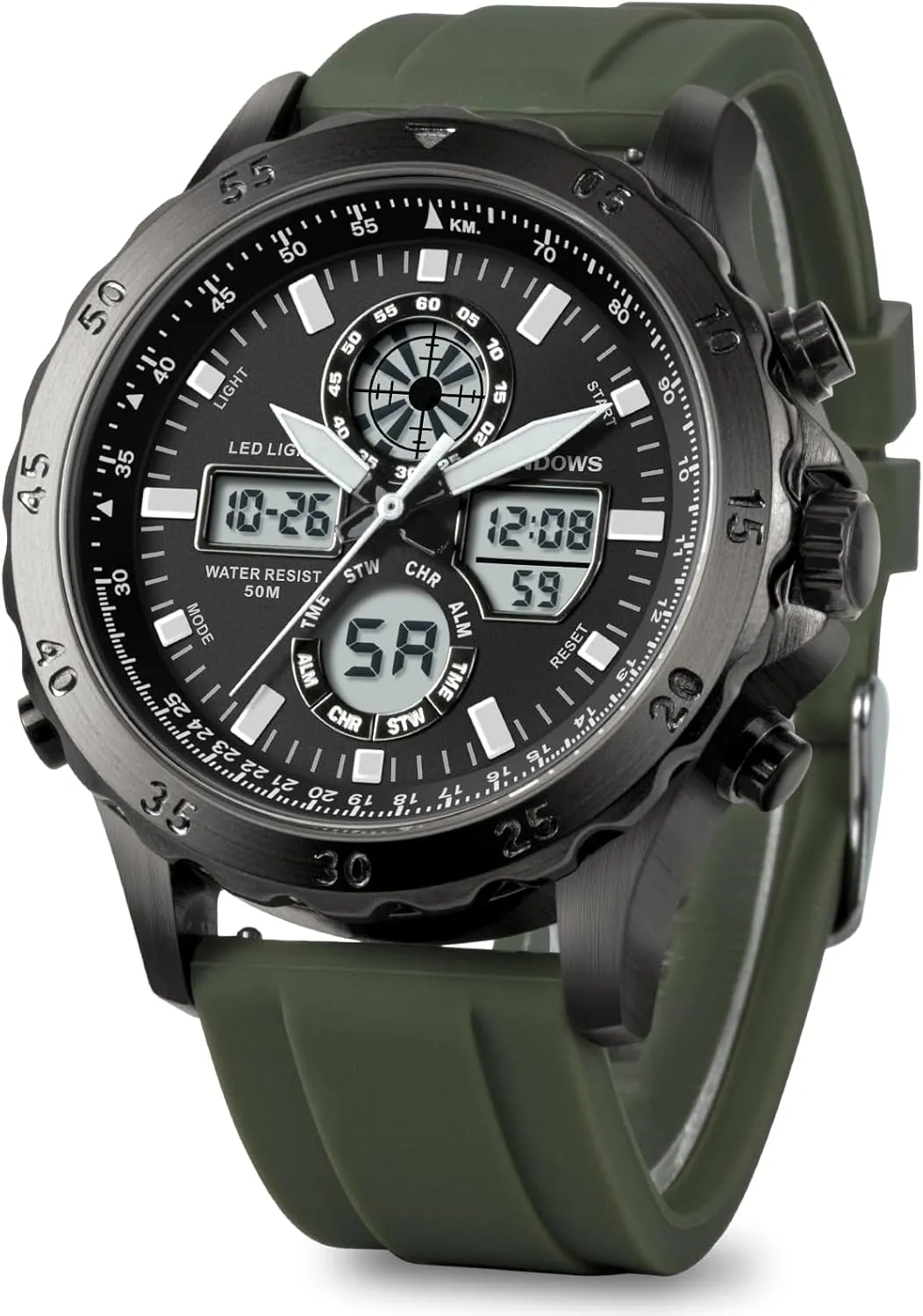 PINDOWS Watch for Men, Waterproof Big Dial Analog Digital Sport Multifunction LED Backlight Fashion Wristwatches, Alarm Stopwatch Calendar
