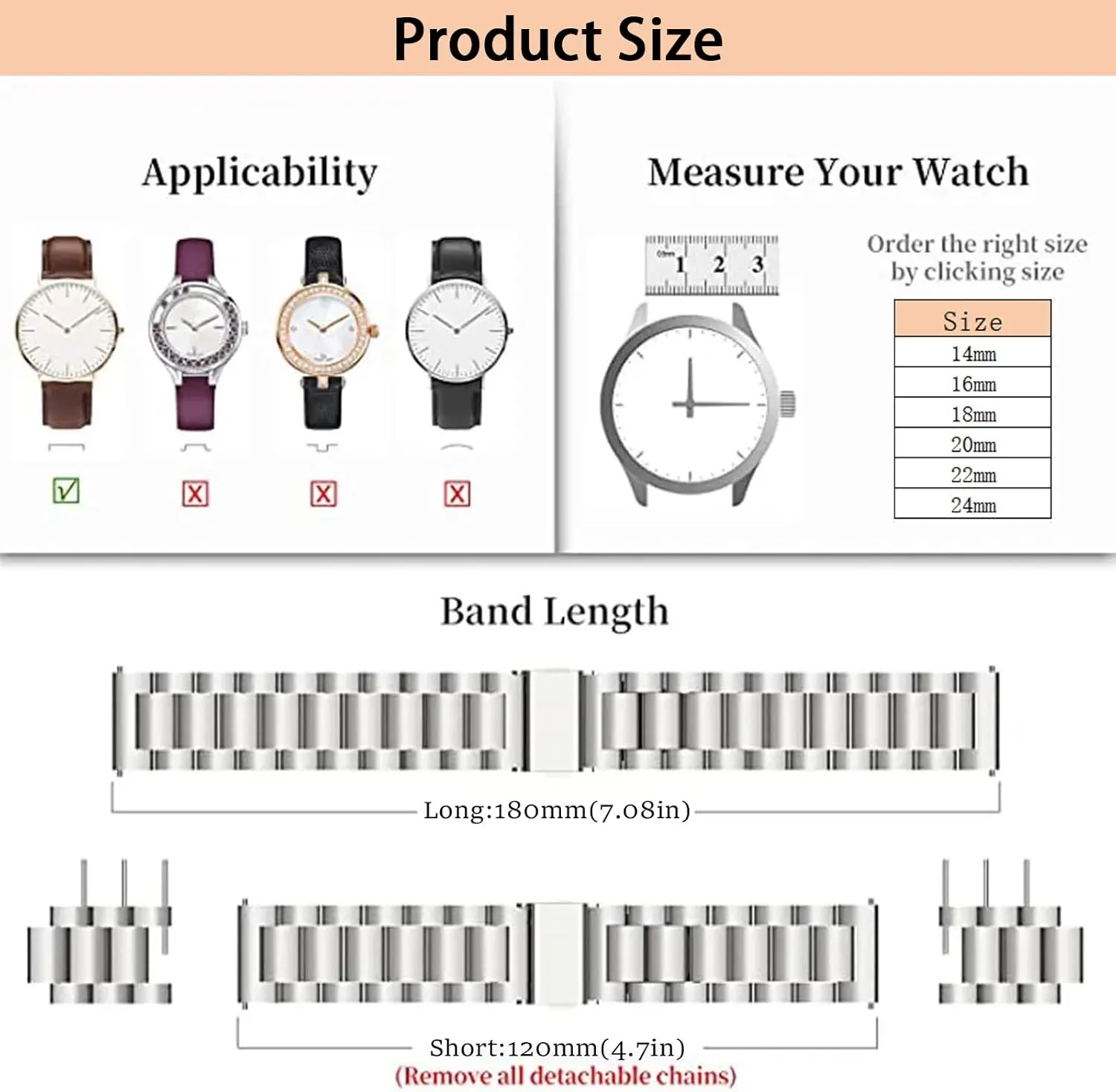 Quick Release Stainless Steel Watch Band Matte Brushed Metal Watchband 14mm 16mm 18mm 20mm 22mm 24mm Universal Solid Stainless Steel Metal Smartwatch Bracelet Replacement Band for Men Women