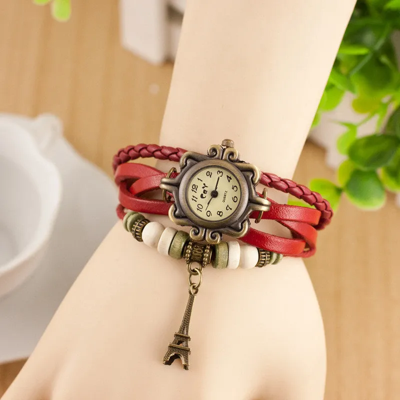 Retro Tower Pendant Woven Bracelet Watch