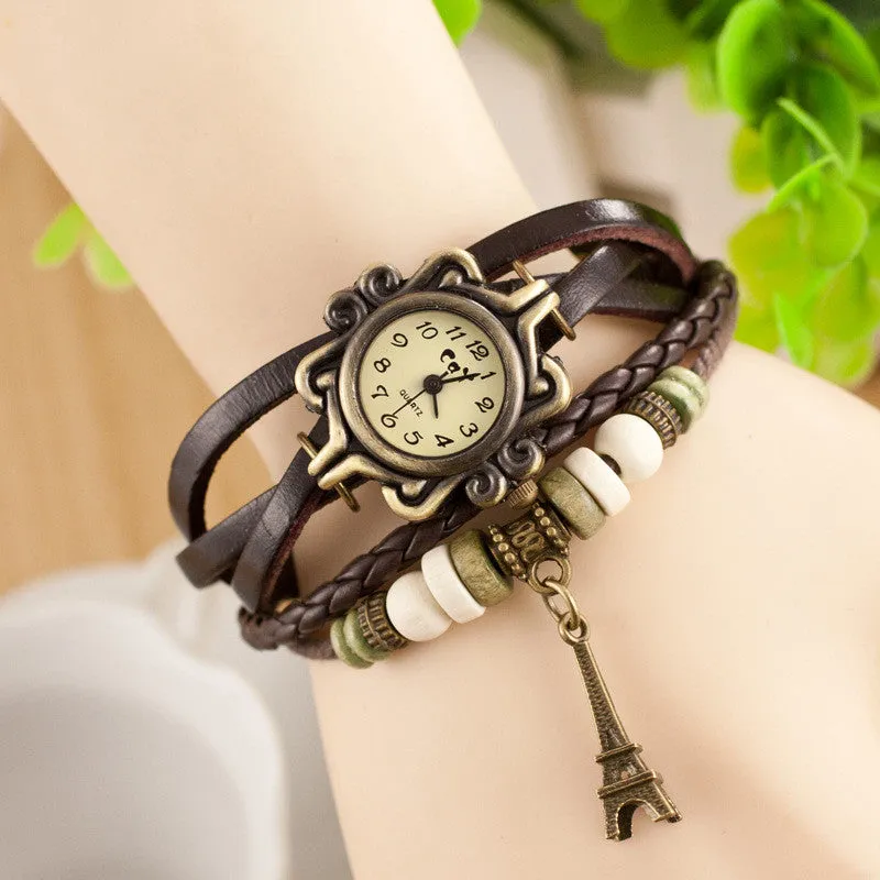 Retro Tower Pendant Woven Bracelet Watch