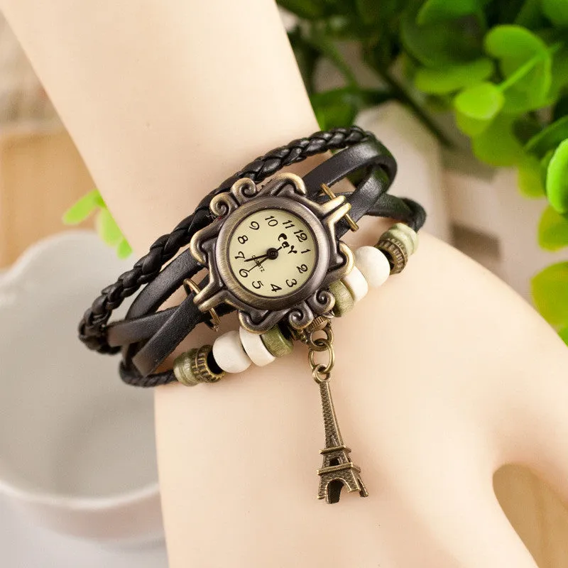 Retro Tower Pendant Woven Bracelet Watch