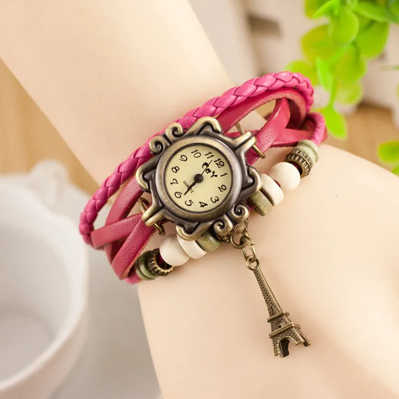 Retro Tower Pendant Woven Bracelet Watch