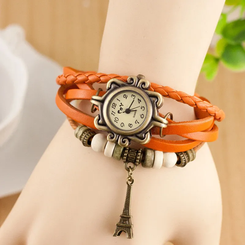 Retro Tower Pendant Woven Bracelet Watch