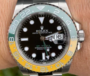 Rolex men’s stainless steel 40mm GMT Master II116710.  Custom yellow and green “Sprite”