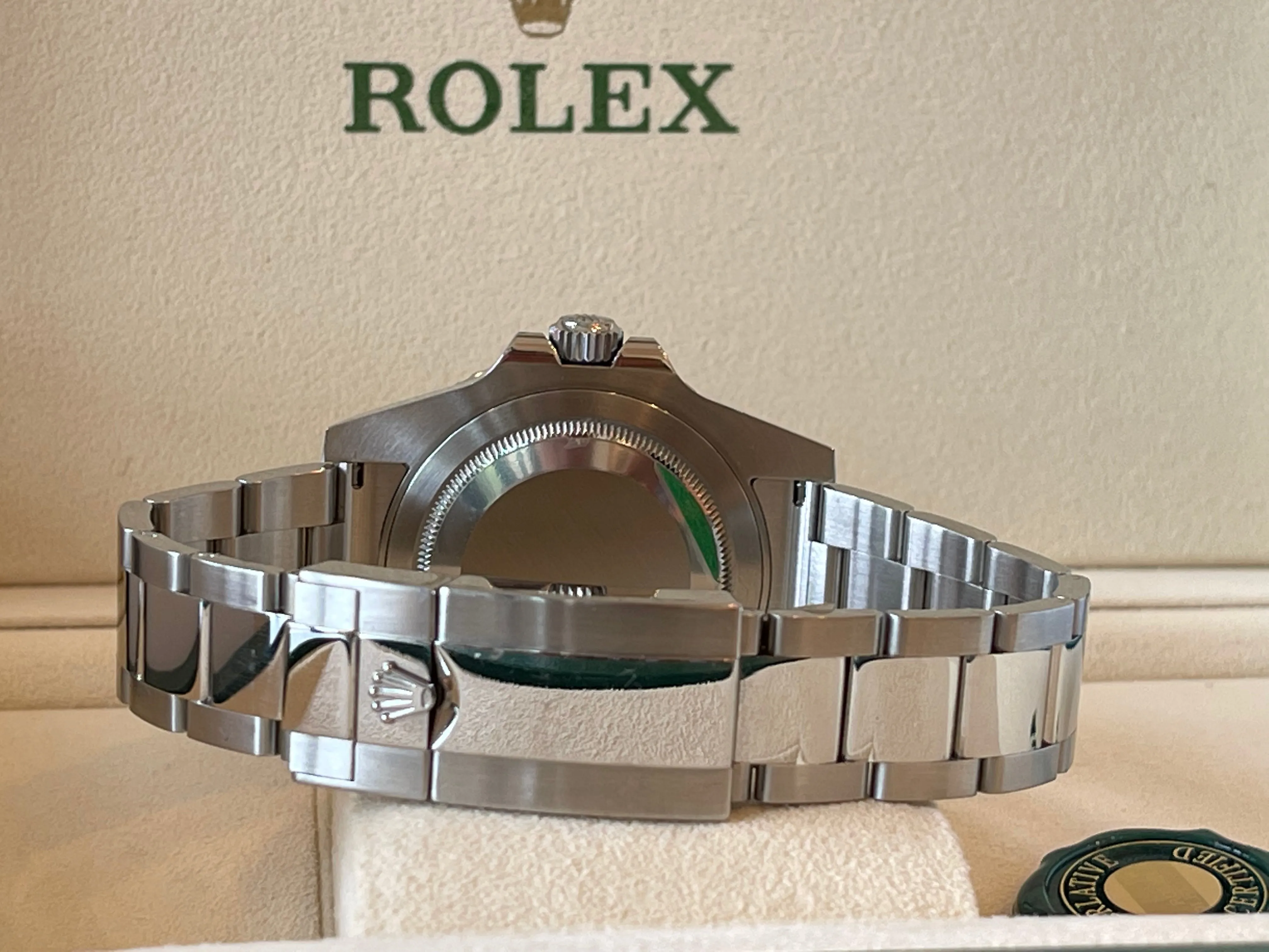 Rolex men’s stainless steel 40mm GMT Master II116710.  Custom yellow and green “Sprite”