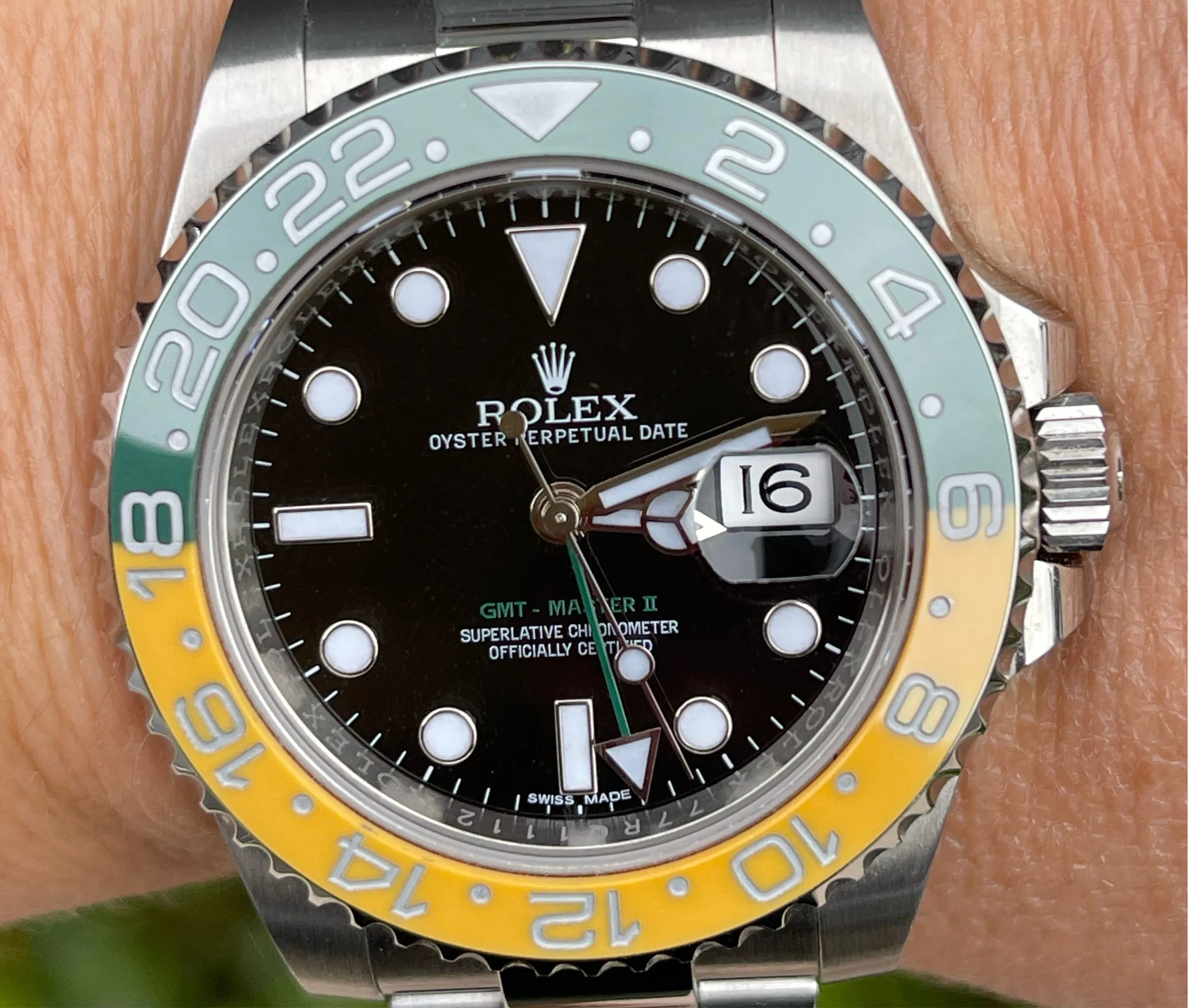 Rolex men’s stainless steel 40mm GMT Master II116710.  Custom yellow and green “Sprite”