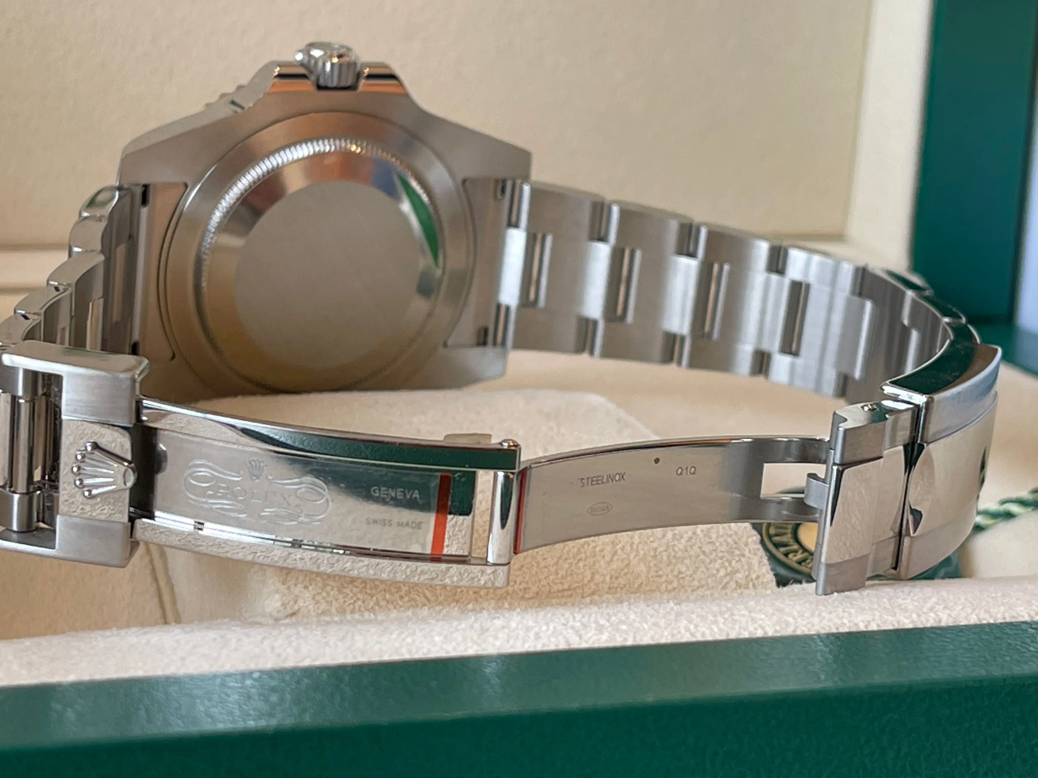 Rolex men’s stainless steel 40mm GMT Master II116710.  Custom yellow and green “Sprite”