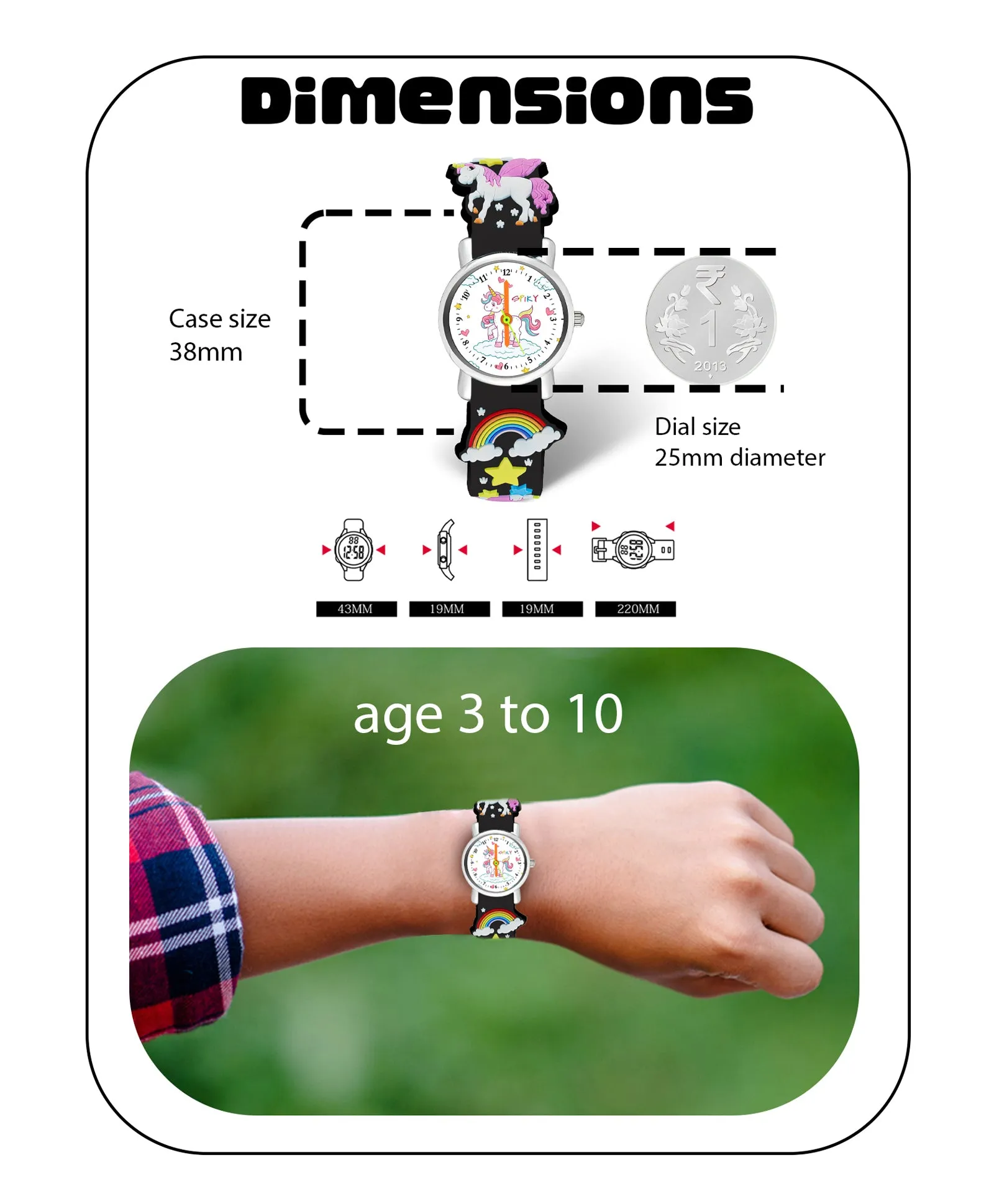 Spiky Round Unicorn Strap Analog Watch - Dark Black