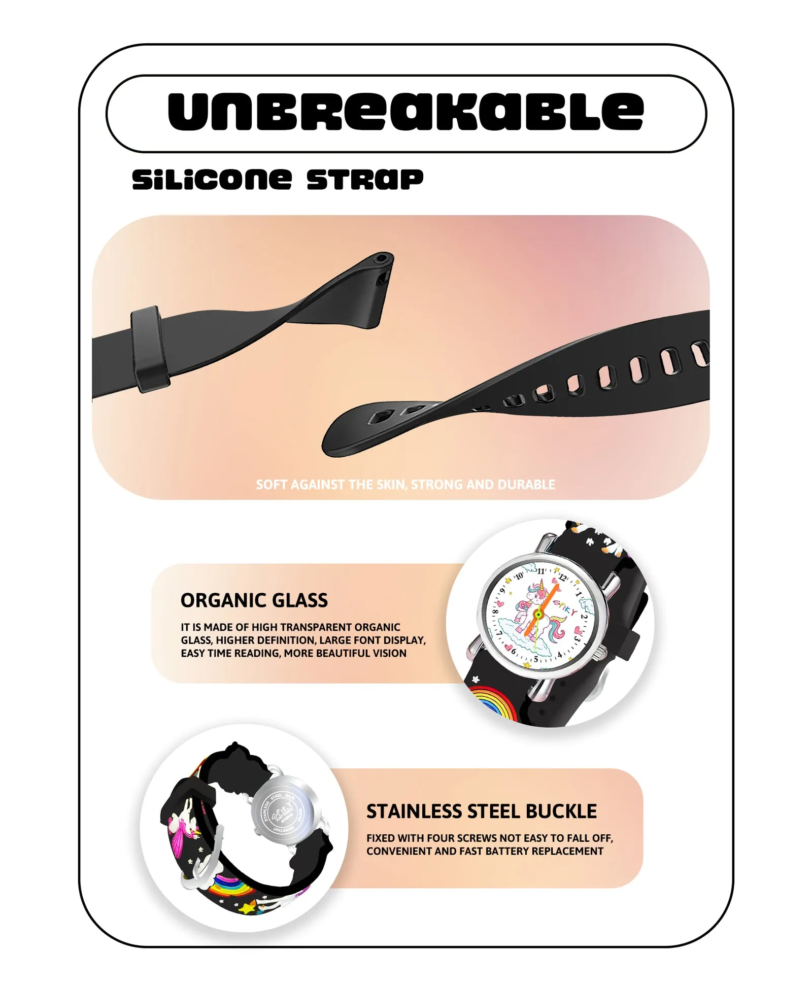 Spiky Round Unicorn Strap Analog Watch - Dark Black