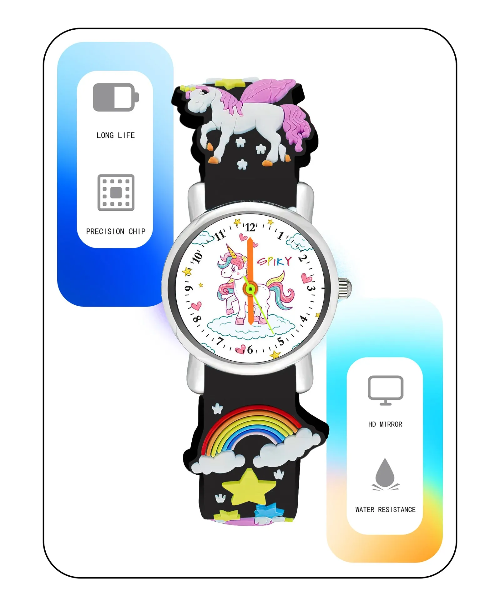 Spiky Round Unicorn Strap Analog Watch - Dark Black